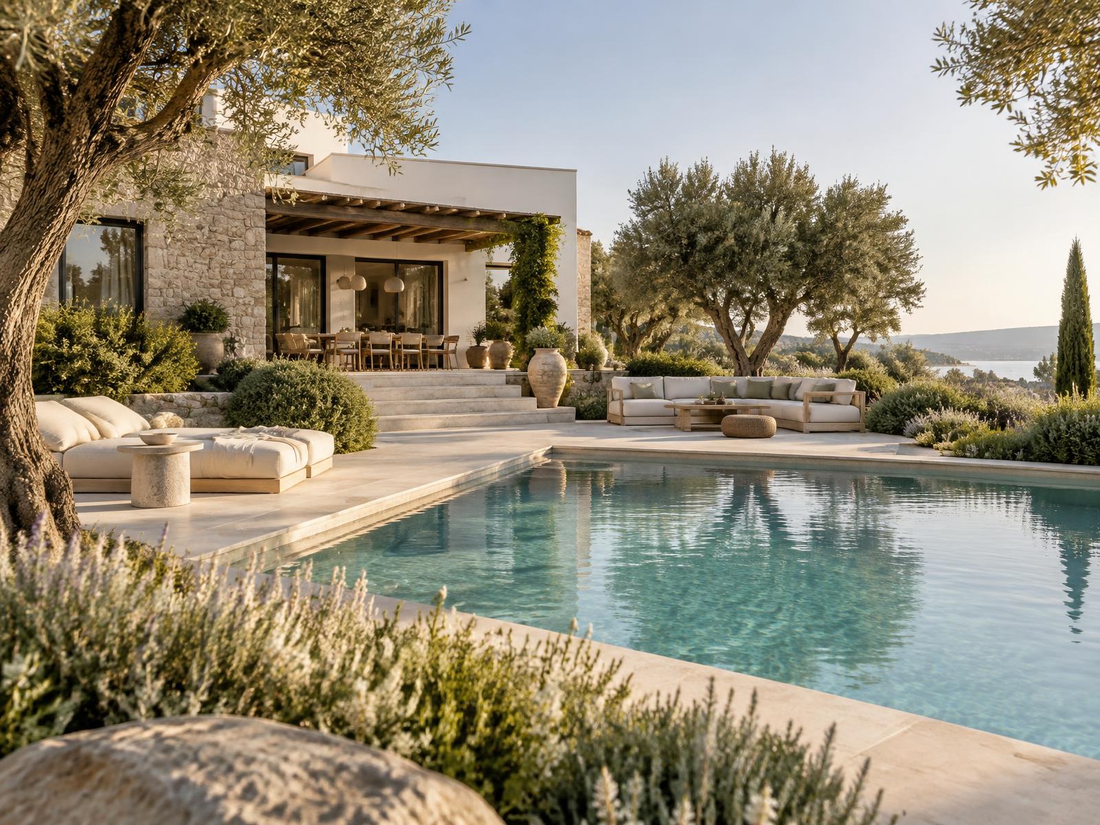 Jardim mediterrânico e piscina numa moradia contemporânea